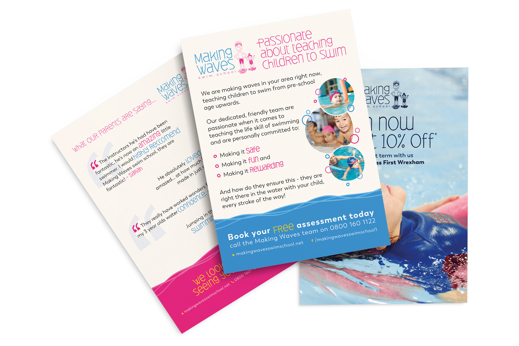 Swim School rebrand for Making Waves, various flyers
